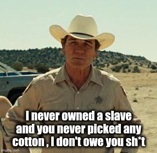 Tommy Lee Jones, No Country.. | I never owned a slave and you never picked any cotton , I don't owe you sh*t | image tagged in tommy lee jones no country | made w/ Imgflip meme maker
