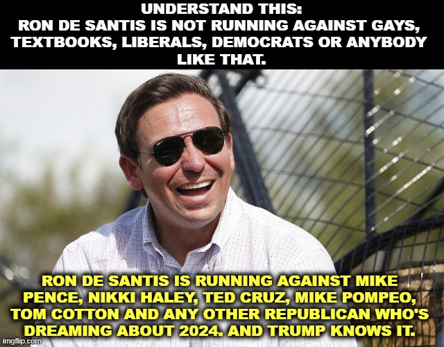 What Ron De Santis really believes is anybody's guess. Every move he makes is a political calculation. | UNDERSTAND THIS:
RON DE SANTIS IS NOT RUNNING AGAINST GAYS, 
TEXTBOOKS, LIBERALS, DEMOCRATS OR ANYBODY 
LIKE THAT. RON DE SANTIS IS RUNNING AGAINST MIKE 

PENCE, NIKKI HALEY, TED CRUZ, MIKE POMPEO, 
TOM COTTON AND ANY OTHER REPUBLICAN WHO'S 

DREAMING ABOUT 2024. AND TRUMP KNOWS IT. | image tagged in republican,primary,election 2024,calculator | made w/ Imgflip meme maker