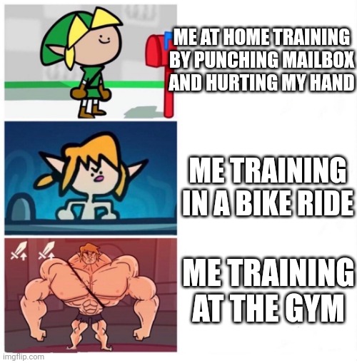 terminalmontage link | ME AT HOME TRAINING BY PUNCHING MAILBOX AND HURTING MY HAND; ME TRAINING IN A BIKE RIDE; ME TRAINING AT THE GYM | image tagged in terminalmontage link | made w/ Imgflip meme maker
