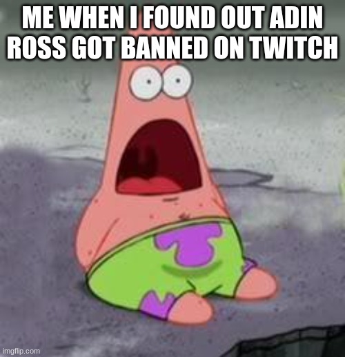 this is crazy | ME WHEN I FOUND OUT ADIN ROSS GOT BANNED ON TWITCH | image tagged in suprised patrick | made w/ Imgflip meme maker