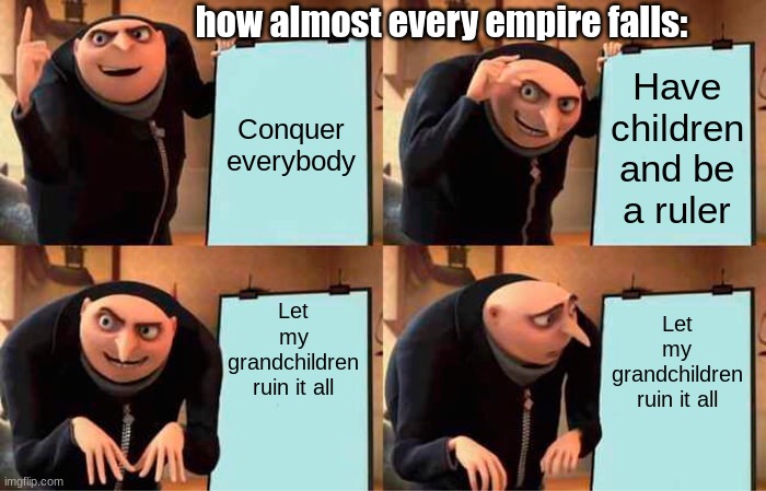 Every empire ever | how almost every empire falls:; Conquer everybody; Have children and be a ruler; Let my grandchildren ruin it all; Let my grandchildren ruin it all | image tagged in memes,gru's plan,empire,history memes,history | made w/ Imgflip meme maker