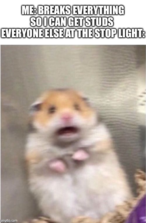 Scared Hamster | ME: BREAKS EVERYTHING SO I CAN GET STUDS 
EVERYONE ELSE AT THE STOP LIGHT: | image tagged in scared hamster | made w/ Imgflip meme maker