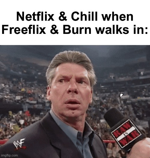 The most creative title in the universe |  Netflix & Chill when Freeflix & Burn walks in: | image tagged in netflix,netflix and chill,vince mcmahon,wwe,memes,funny | made w/ Imgflip meme maker