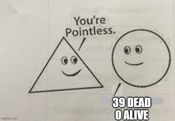 0̷̧̧̨̛̛̛͙̰̞̼̼͖̤̟̥͔͕͙͖͎̦̞̭͉̜̪̯͉̺̠̤̤̲̼̮̯̲͈̱̰̱̭̺̘̜̳̈́͗̀͂̎̐́̿͒̿̒́̃̈́̊̅̓̉̓̑͒̄̈́͑̈́͛̇͆͗͗̂̍͗̍́̍͂̍́̚̚͜͝ͅ ̴̈́̌̄́̈̑͆̽̈́̌͗̐͊͛̿̐̅̅͒̊́͂̓̈́́̑̌̄͊̅̕̚͝͠ | 39 DEAD
0 ALIVE | image tagged in you're pointless template | made w/ Imgflip meme maker