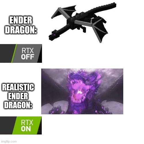 Ender Dragon vs Realistic Ender Dragon | ENDER DRAGON:; REALISTIC ENDER DRAGON: | image tagged in rtx,minecraft,super mario odyssey | made w/ Imgflip meme maker