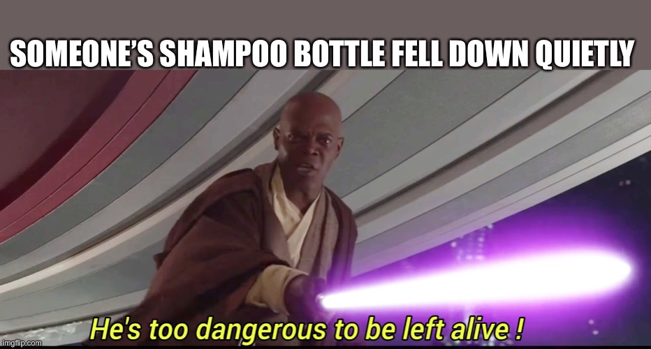 My ears are still ringing after the shower | SOMEONE’S SHAMPOO BOTTLE FELL DOWN QUIETLY | image tagged in he's too dangerous to be left alive | made w/ Imgflip meme maker