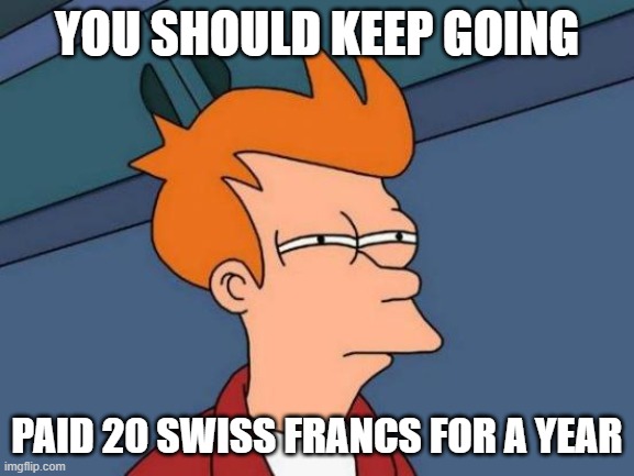 Futurama Fry Meme | YOU SHOULD KEEP GOING PAID 20 SWISS FRANCS FOR A YEAR | image tagged in memes,futurama fry | made w/ Imgflip meme maker