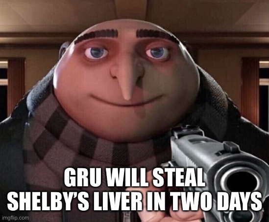 Gru Gun | GRU WILL STEAL SHELBY’S LIVER IN TWO DAYS | image tagged in gru gun | made w/ Imgflip meme maker