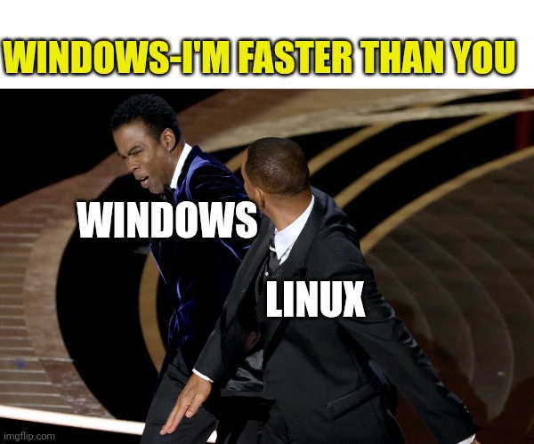 Linux | WINDOWS-I'M FASTER THAN YOU; WINDOWS; LINUX | image tagged in linux,memes,programming,programmers | made w/ Imgflip meme maker