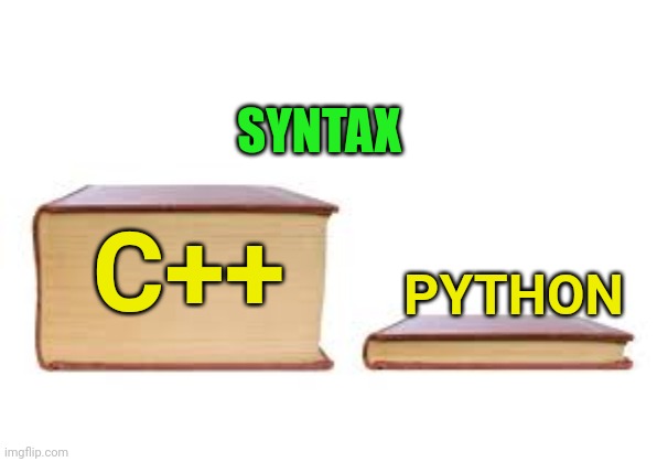 C++vs python |  SYNTAX; PYTHON; C++ | image tagged in big book small book,programming,python,memes,coding | made w/ Imgflip meme maker