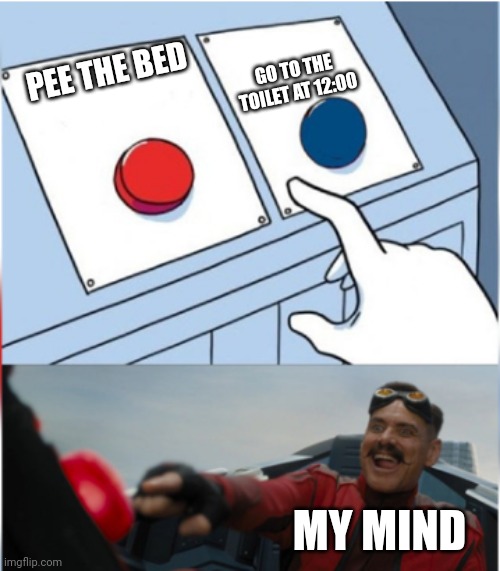 Robotnik Pressing Red Button | GO TO THE TOILET AT 12:00; PEE THE BED; MY MIND | image tagged in robotnik pressing red button | made w/ Imgflip meme maker