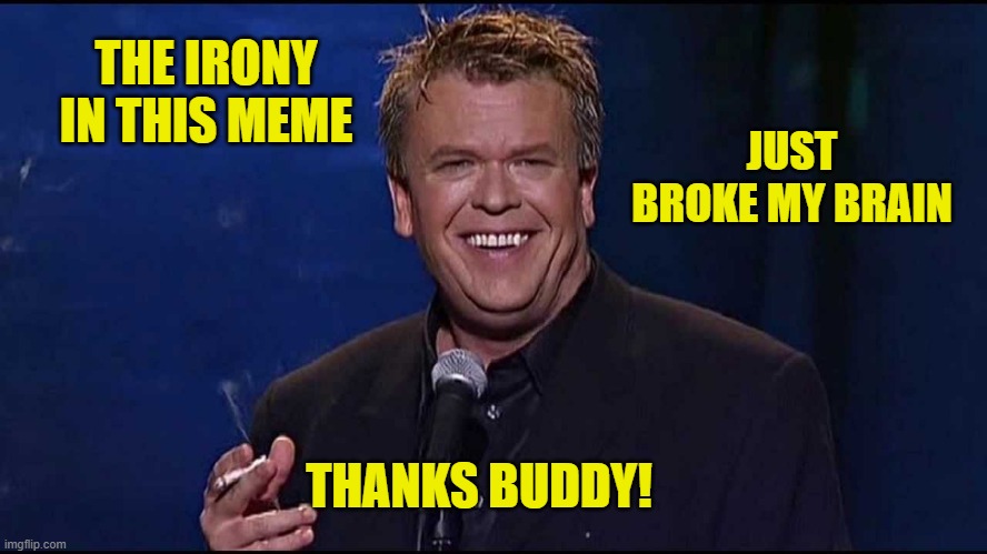 Ron White | THE IRONY IN THIS MEME THANKS BUDDY! JUST BROKE MY BRAIN | image tagged in ron white | made w/ Imgflip meme maker