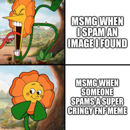 whyisitlikethat be like | MSMG WHEN I SPAM AN IMAGE I FOUND; MSMG WHEN SOMEONE SPAMS A SUPER CRINGY FNF MEME | image tagged in angry flower | made w/ Imgflip meme maker