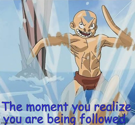 Followed be like | The moment you realize you are being followed | image tagged in aang running from the unagi | made w/ Imgflip meme maker