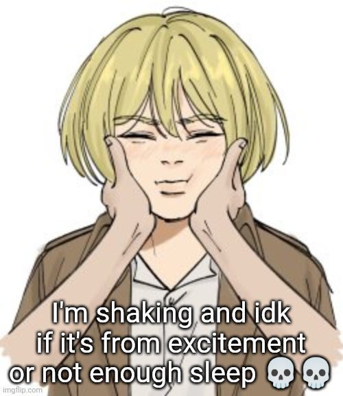 squishy Armin | I'm shaking and idk if it's from excitement or not enough sleep 💀💀 | image tagged in squishy armin | made w/ Imgflip meme maker