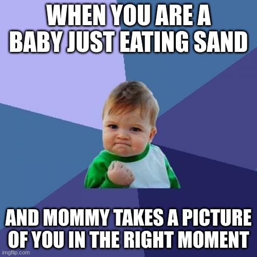 Success Kid | WHEN YOU ARE A BABY JUST EATING SAND; AND MOMMY TAKES A PICTURE OF YOU IN THE RIGHT MOMENT | image tagged in memes,success kid | made w/ Imgflip meme maker