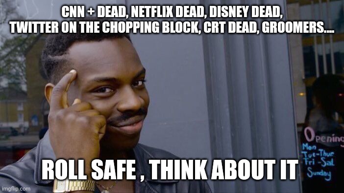 Roll Safe Think About It | CNN + DEAD, NETFLIX DEAD, DISNEY DEAD, TWITTER ON THE CHOPPING BLOCK, CRT DEAD, GROOMERS.... ROLL SAFE , THINK ABOUT IT | image tagged in memes,roll safe think about it | made w/ Imgflip meme maker