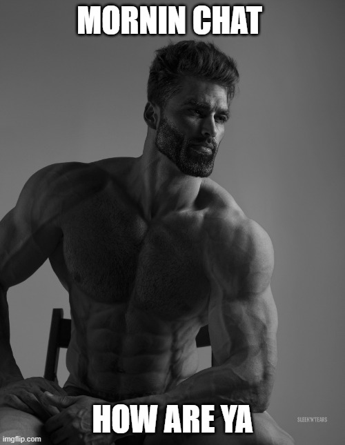 Giga Chad | MORNIN CHAT; HOW ARE YA | image tagged in giga chad | made w/ Imgflip meme maker