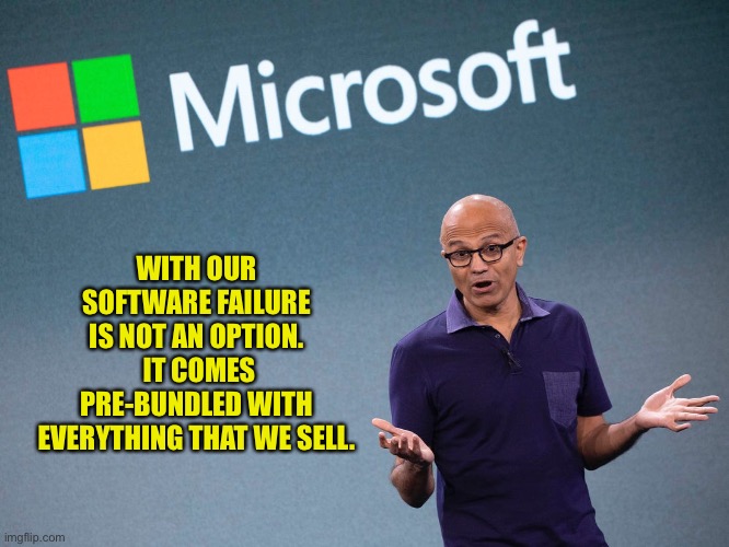 Failure | WITH OUR SOFTWARE FAILURE IS NOT AN OPTION.  IT COMES PRE-BUNDLED WITH EVERYTHING THAT WE SELL. | image tagged in microsoft satya nadella 2 | made w/ Imgflip meme maker