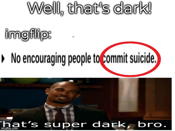 This is not to insult you, Imgflip, but that went kind of dark... | Well, that's dark! imgflip: | image tagged in blank white template,dark | made w/ Imgflip meme maker
