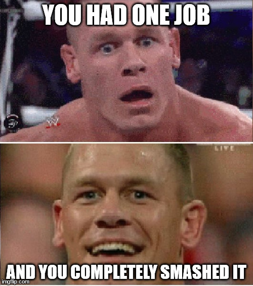John Cena Sad/Happy | YOU HAD ONE JOB AND YOU COMPLETELY SMASHED IT | image tagged in john cena sad/happy | made w/ Imgflip meme maker