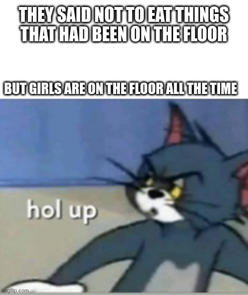 well I got a point | THEY SAID NOT TO EAT THINGS THAT HAD BEEN ON THE FLOOR; BUT GIRLS ARE ON THE FLOOR ALL THE TIME | image tagged in hol up | made w/ Imgflip meme maker