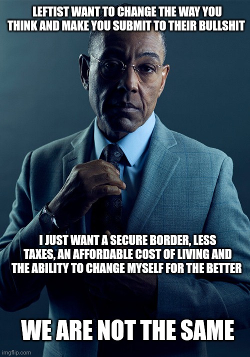 Gus Fring we are not the same | LEFTIST WANT TO CHANGE THE WAY YOU THINK AND MAKE YOU SUBMIT TO THEIR BULLSHIT; I JUST WANT A SECURE BORDER, LESS TAXES, AN AFFORDABLE COST OF LIVING AND THE ABILITY TO CHANGE MYSELF FOR THE BETTER; WE ARE NOT THE SAME | image tagged in gus fring we are not the same | made w/ Imgflip meme maker