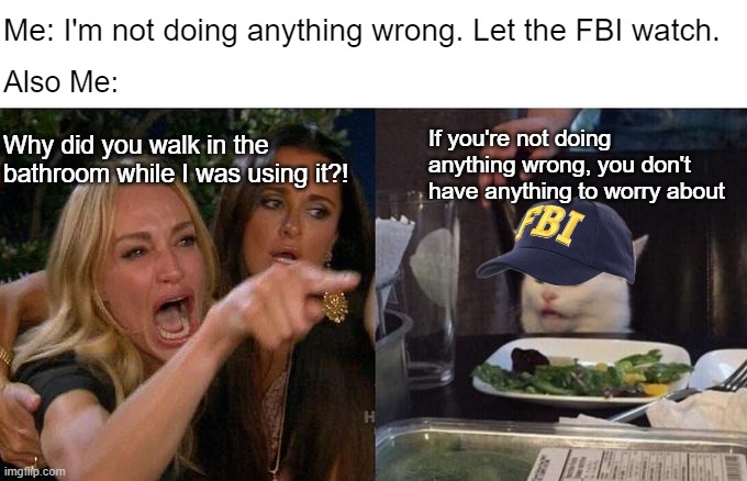 Opinions are subject to rapid and sudden change | Me: I'm not doing anything wrong. Let the FBI watch. Also Me:; Why did you walk in the bathroom while I was using it?! If you're not doing anything wrong, you don't have anything to worry about | image tagged in memes,woman yelling at cat | made w/ Imgflip meme maker