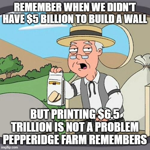 Pepperidge Farm Remembers Meme | REMEMBER WHEN WE DIDN'T HAVE $5 BILLION TO BUILD A WALL BUT PRINTING $6.5 TRILLION IS NOT A PROBLEM
PEPPERIDGE FARM REMEMBERS | image tagged in memes,pepperidge farm remembers | made w/ Imgflip meme maker