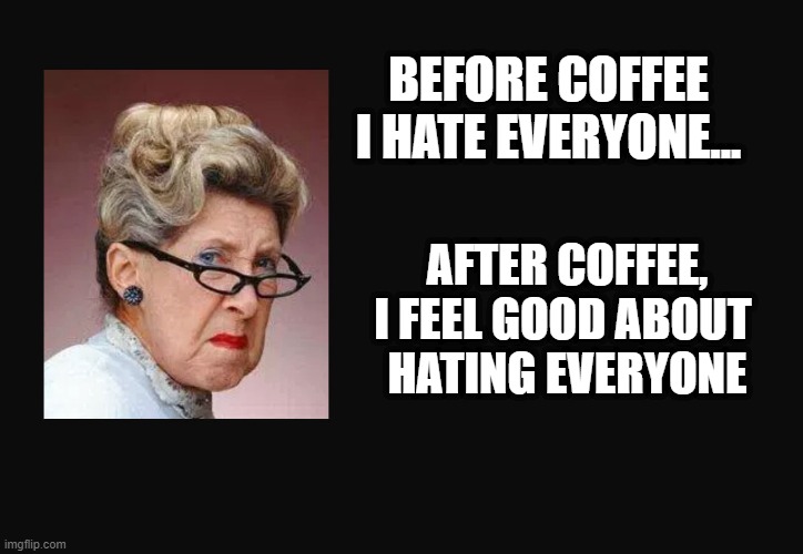 Before Coffee | BEFORE COFFEE I HATE EVERYONE... AFTER COFFEE, I FEEL GOOD ABOUT 
HATING EVERYONE | image tagged in grumpy woman,hate,coffee | made w/ Imgflip meme maker