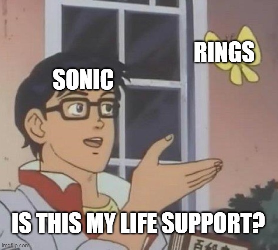 [ sonic in a nutshell ] | RINGS; SONIC; IS THIS MY LIFE SUPPORT? | image tagged in memes,is this a pigeon | made w/ Imgflip meme maker