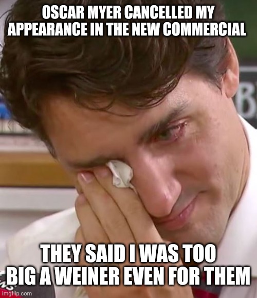 Justin Trudeau Crying | OSCAR MYER CANCELLED MY APPEARANCE IN THE NEW COMMERCIAL; THEY SAID I WAS TOO BIG A WEINER EVEN FOR THEM | image tagged in justin trudeau crying | made w/ Imgflip meme maker