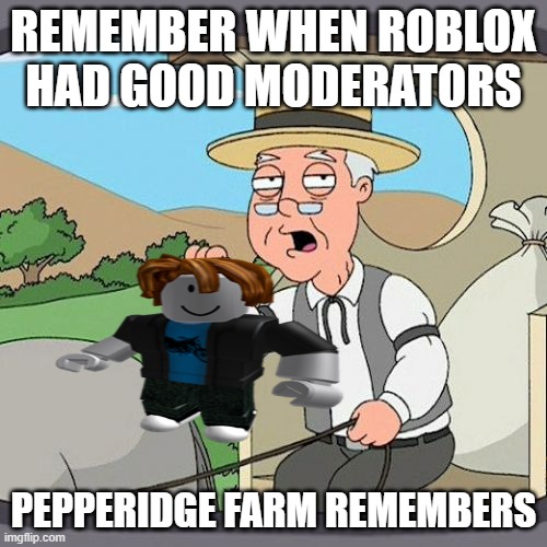remember when roblox had good moderators | REMEMBER WHEN ROBLOX HAD GOOD MODERATORS; PEPPERIDGE FARM REMEMBERS | image tagged in memes,pepperidge farm remembers,roblox meme,moderators | made w/ Imgflip meme maker