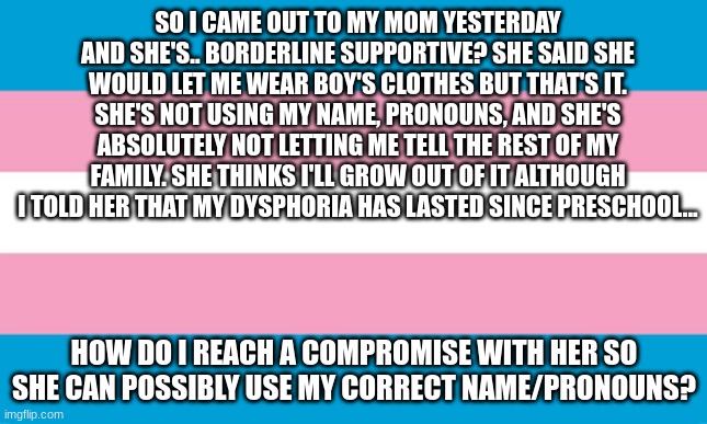 ahahahahha | SO I CAME OUT TO MY MOM YESTERDAY AND SHE'S.. BORDERLINE SUPPORTIVE? SHE SAID SHE WOULD LET ME WEAR BOY'S CLOTHES BUT THAT'S IT. SHE'S NOT USING MY NAME, PRONOUNS, AND SHE'S ABSOLUTELY NOT LETTING ME TELL THE REST OF MY FAMILY. SHE THINKS I'LL GROW OUT OF IT ALTHOUGH I TOLD HER THAT MY DYSPHORIA HAS LASTED SINCE PRESCHOOL... HOW DO I REACH A COMPROMISE WITH HER SO SHE CAN POSSIBLY USE MY CORRECT NAME/PRONOUNS? | image tagged in transgender flag | made w/ Imgflip meme maker