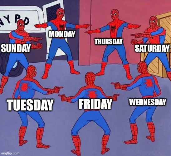 The weekdays | MONDAY; THURSDAY; SATURDAY; SUNDAY; WEDNESDAY; FRIDAY; TUESDAY | image tagged in same spider man 7,memes,funny | made w/ Imgflip meme maker