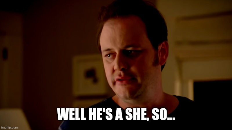 He's a she | WELL HE'S A SHE, SO... | image tagged in jake from state farm | made w/ Imgflip meme maker