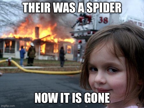 Go away spider | THEIR WAS A SPIDER; NOW IT IS GONE | image tagged in memes,disaster girl | made w/ Imgflip meme maker