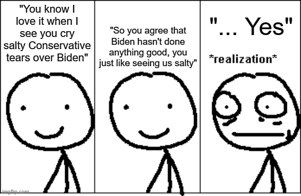 A conversation with a Liberal and their reaction to my comment | "... Yes"; "So you agree that Biden hasn't done anything good, you just like seeing us salty"; "You know I love it when I see you cry salty Conservative tears over Biden" | image tagged in realization,conversation | made w/ Imgflip meme maker