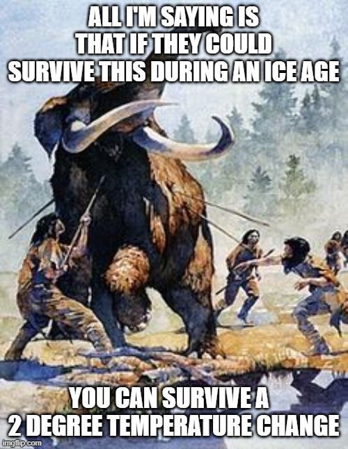 Cave Men and Women were tough | ALL I'M SAYING IS THAT IF THEY COULD SURVIVE THIS DURING AN ICE AGE; YOU CAN SURVIVE A   2 DEGREE TEMPERATURE CHANGE | image tagged in man,battle,ice age,global warming | made w/ Imgflip meme maker