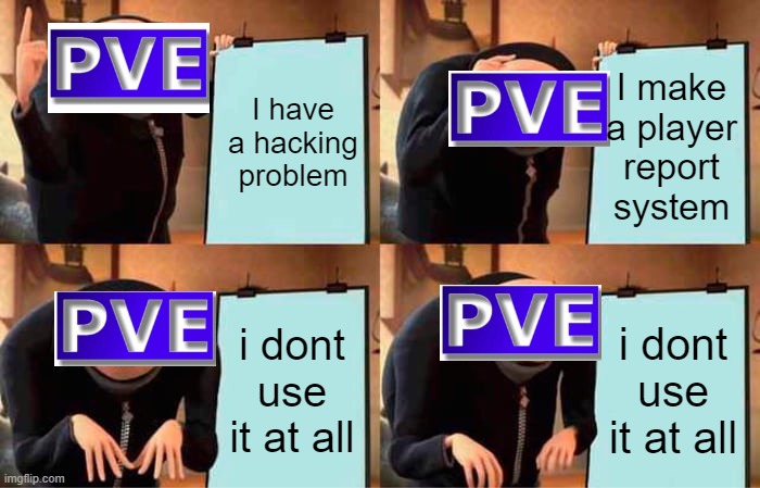 PvE amirite | I have a hacking problem; I make a player report system; i dont use it at all; i dont use it at all | image tagged in memes,gru's plan | made w/ Imgflip meme maker