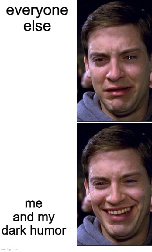 Peter Parker Cry vs Laugh | everyone else me and my dark humor | image tagged in peter parker cry vs laugh | made w/ Imgflip meme maker
