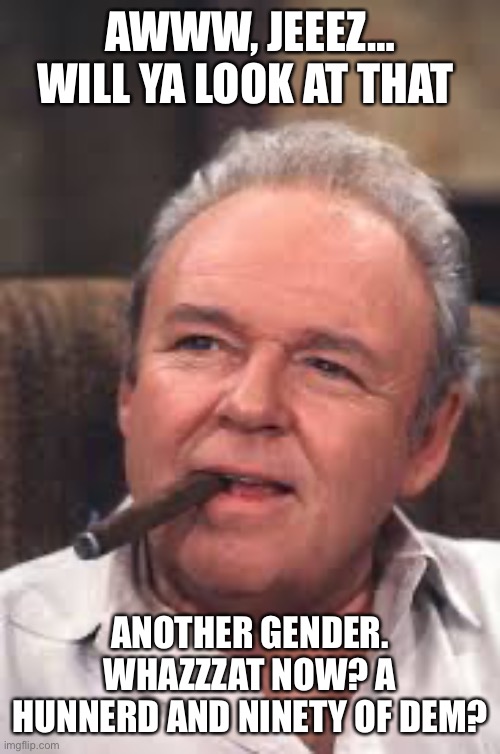 Archie Bunker | AWWW, JEEEZ… WILL YA LOOK AT THAT ANOTHER GENDER. WHAZZZAT NOW? A HUNNERD AND NINETY OF DEM? | image tagged in archie bunker | made w/ Imgflip meme maker