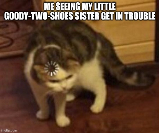 me seeing my sister get in trouble | ME SEEING MY LITTLE GOODY-TWO-SHOES SISTER GET IN TROUBLE | image tagged in loading cat | made w/ Imgflip meme maker