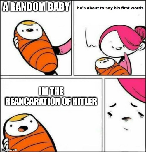 hitler | A RANDOM BABY; IM THE REANCARATION OF HITLER | image tagged in he is about to say his first words | made w/ Imgflip meme maker