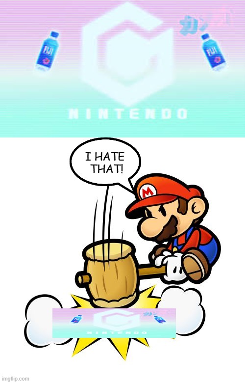 That GameCube Logo looks like an anime |  I HATE 
THAT! | image tagged in memes,mario hammer smash,im,not,a,simp | made w/ Imgflip meme maker