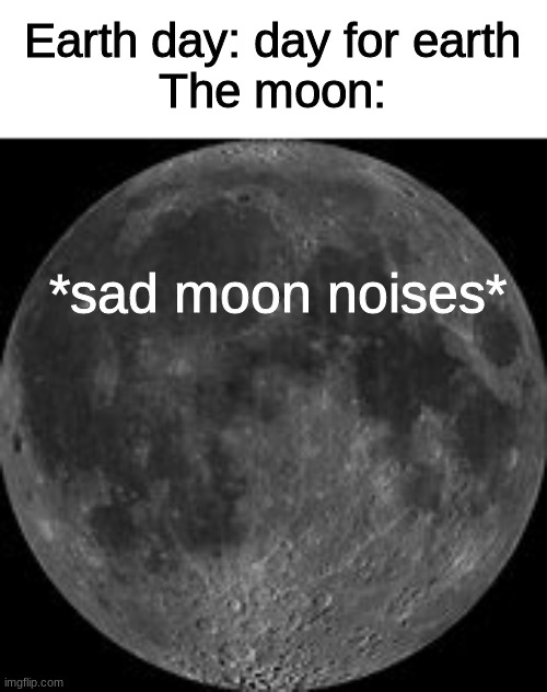 nobody cares about a moon day :( | Earth day: day for earth
The moon:; *sad moon noises* | image tagged in moon,earth day,save the earth,memes,teamseas,teamtrees | made w/ Imgflip meme maker