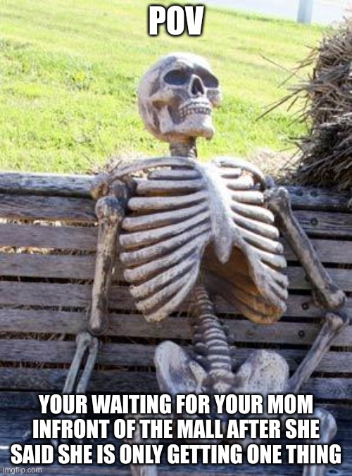 Moms be like | POV; YOUR WAITING FOR YOUR MOM INFRONT OF THE MALL AFTER SHE SAID SHE IS ONLY GETTING ONE THING | image tagged in memes,waiting skeleton | made w/ Imgflip meme maker