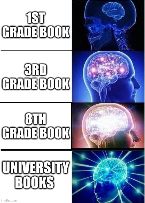Expanding Brain Meme | 1ST GRADE BOOK; 3RD GRADE BOOK; 8TH GRADE BOOK; UNIVERSITY BOOKS | image tagged in memes,expanding brain | made w/ Imgflip meme maker