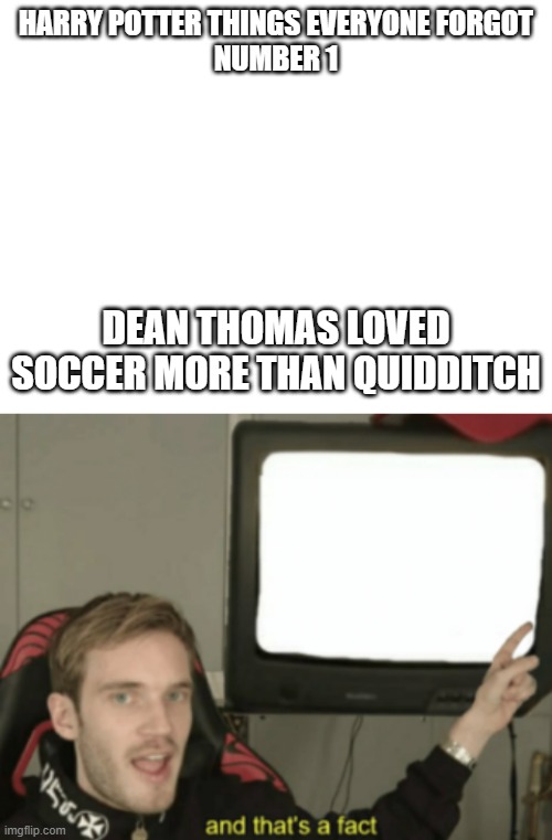 Ron keeps trying to get Dean's posters to move | HARRY POTTER THINGS EVERYONE FORGOT
NUMBER 1; DEAN THOMAS LOVED SOCCER MORE THAN QUIDDITCH | image tagged in blank white template,and that's a fact | made w/ Imgflip meme maker