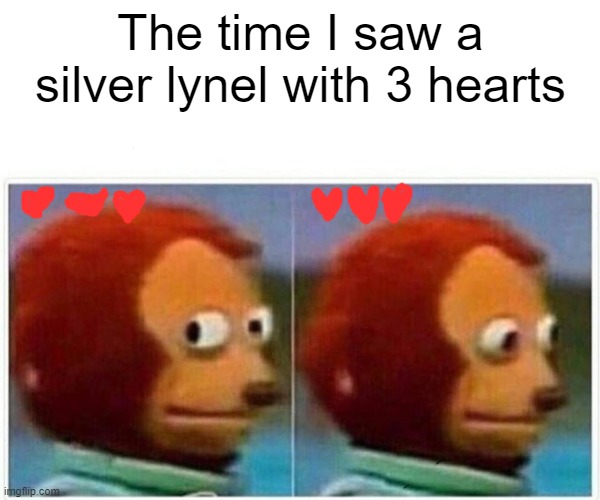 Monkey Puppet | The time I saw a silver lynel with 3 hearts | image tagged in memes,monkey puppet,legend of zelda,botw | made w/ Imgflip meme maker
